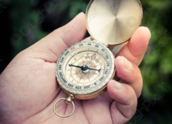Usando una brújula en un bosque